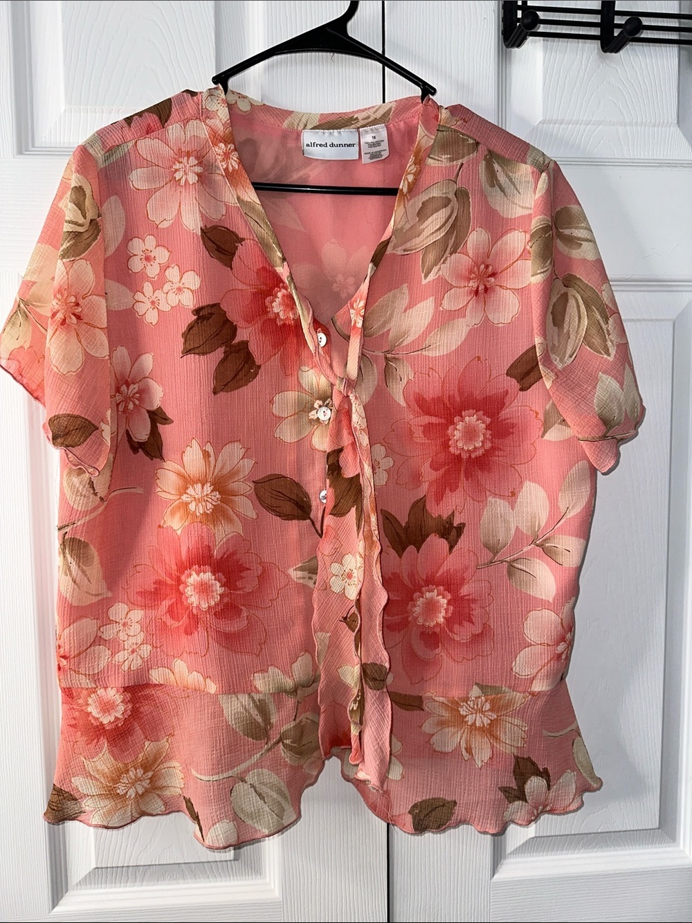 Alfred Dunner Coral Pink Floral Short-Sleeve Ruffle Button Blouse